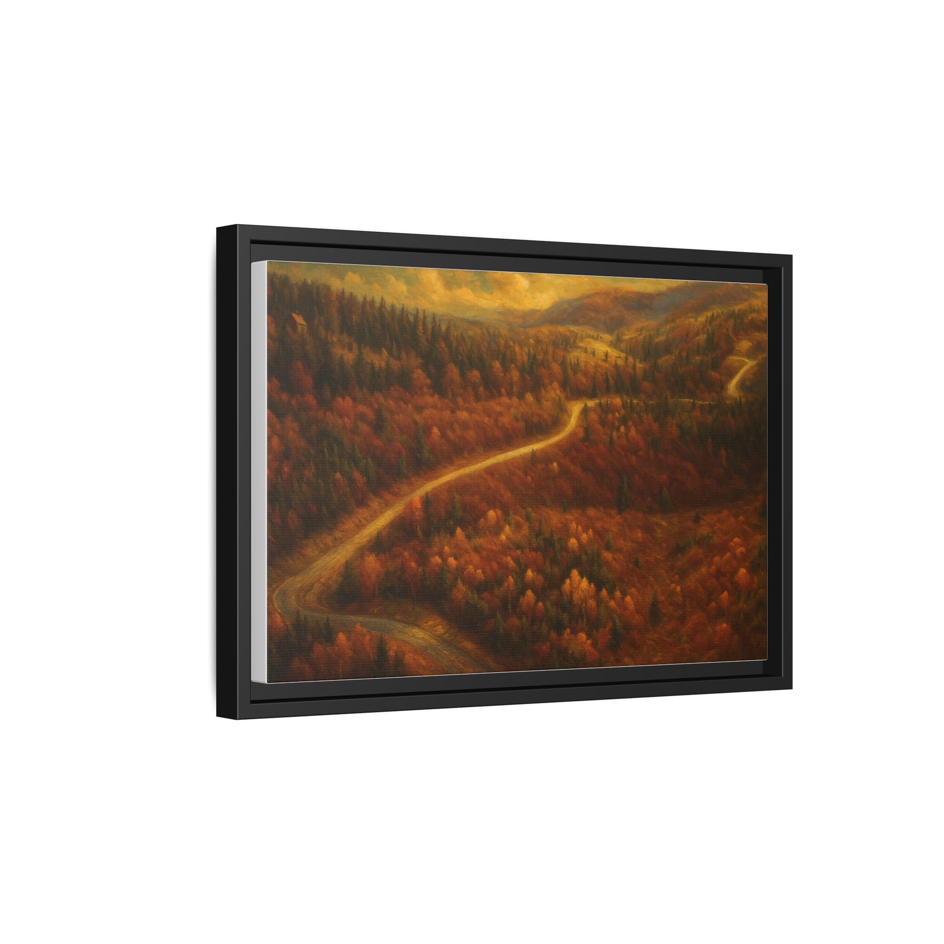 Framed matte canvas print of an autumn forest road landscape wall art by Printify, showcasing vibrant fall colors and nature scenery.