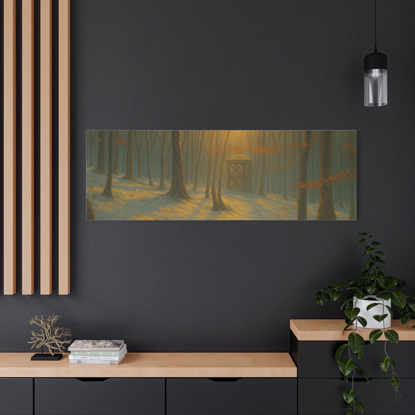 Matte stretched canvas print of a Misty Forest Sunrise, featuring vibrant forest scene artwork by Printify.