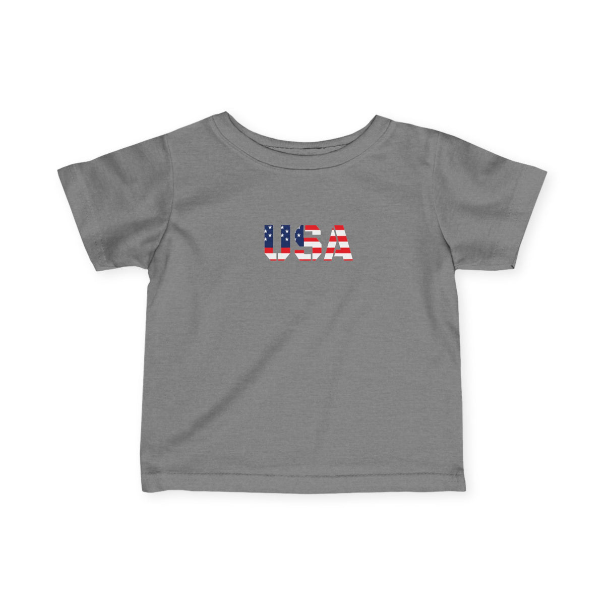 Baby infant tee featuring a USA flag block print, casual kids shirt by Printify, with red, white, and blue patriotic design.