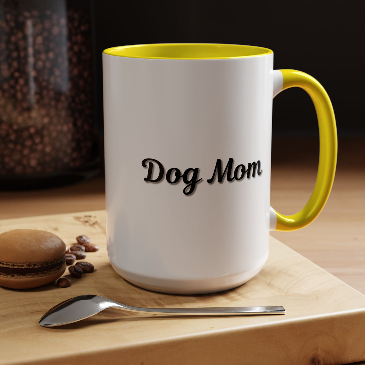 Dog Mom Accent Coffee Mug — white ceramic coffee mug with retro script "Dog Mom" print, colored interior and C-handle, 11oz/15oz, top-down view