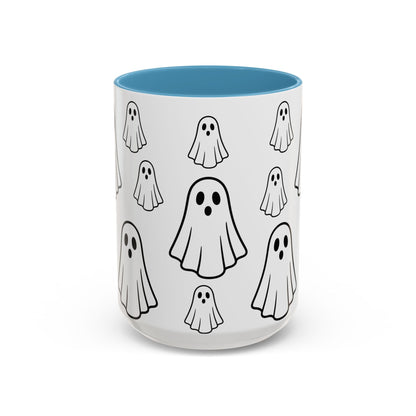Printify ghost pattern ceramic coffee mug with cute Halloween ghost design, available in 11oz and 15oz sizes.