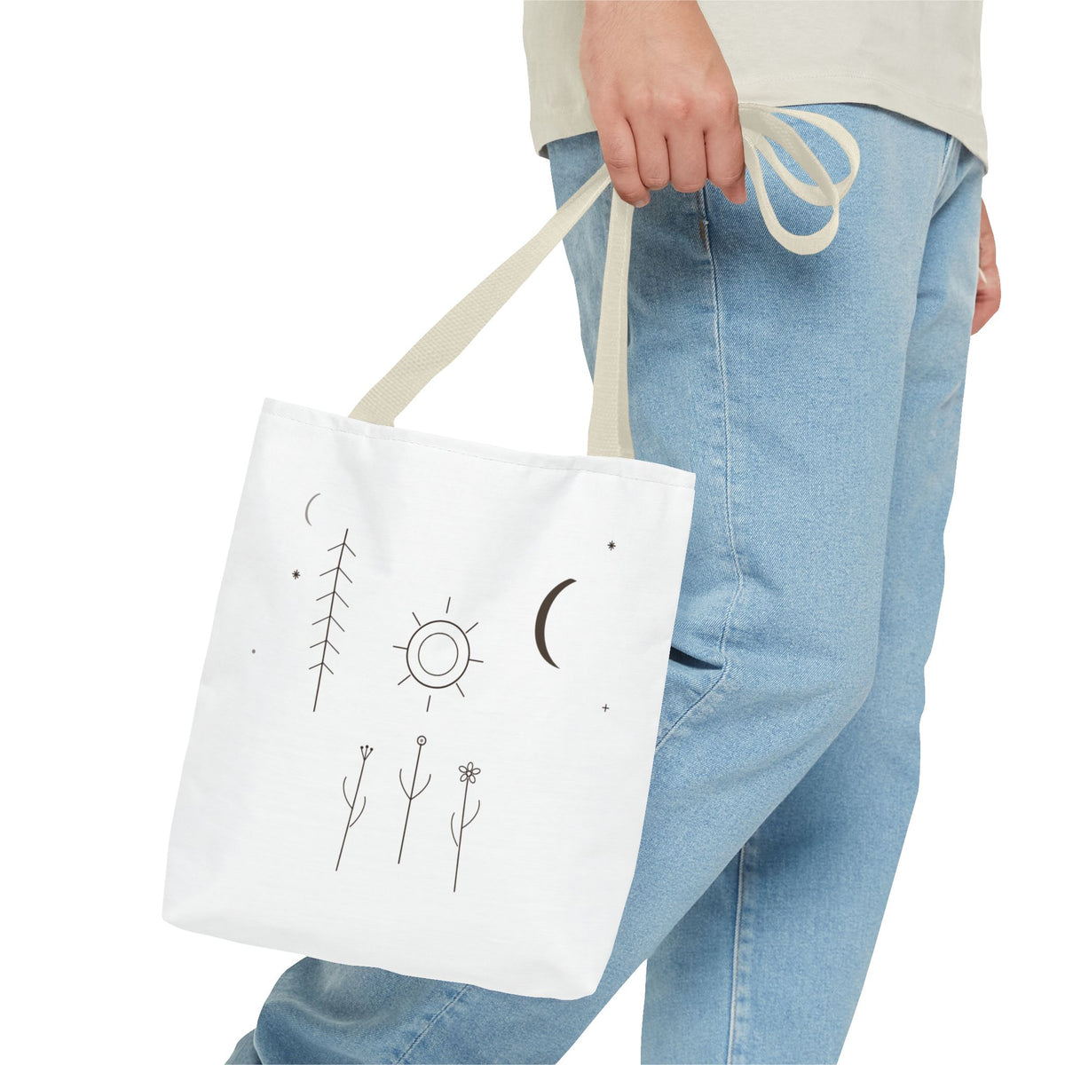 Minimal Moon and Sun botanical tote bag featuring celestial line art, stylish and eco-friendly printify bags.
