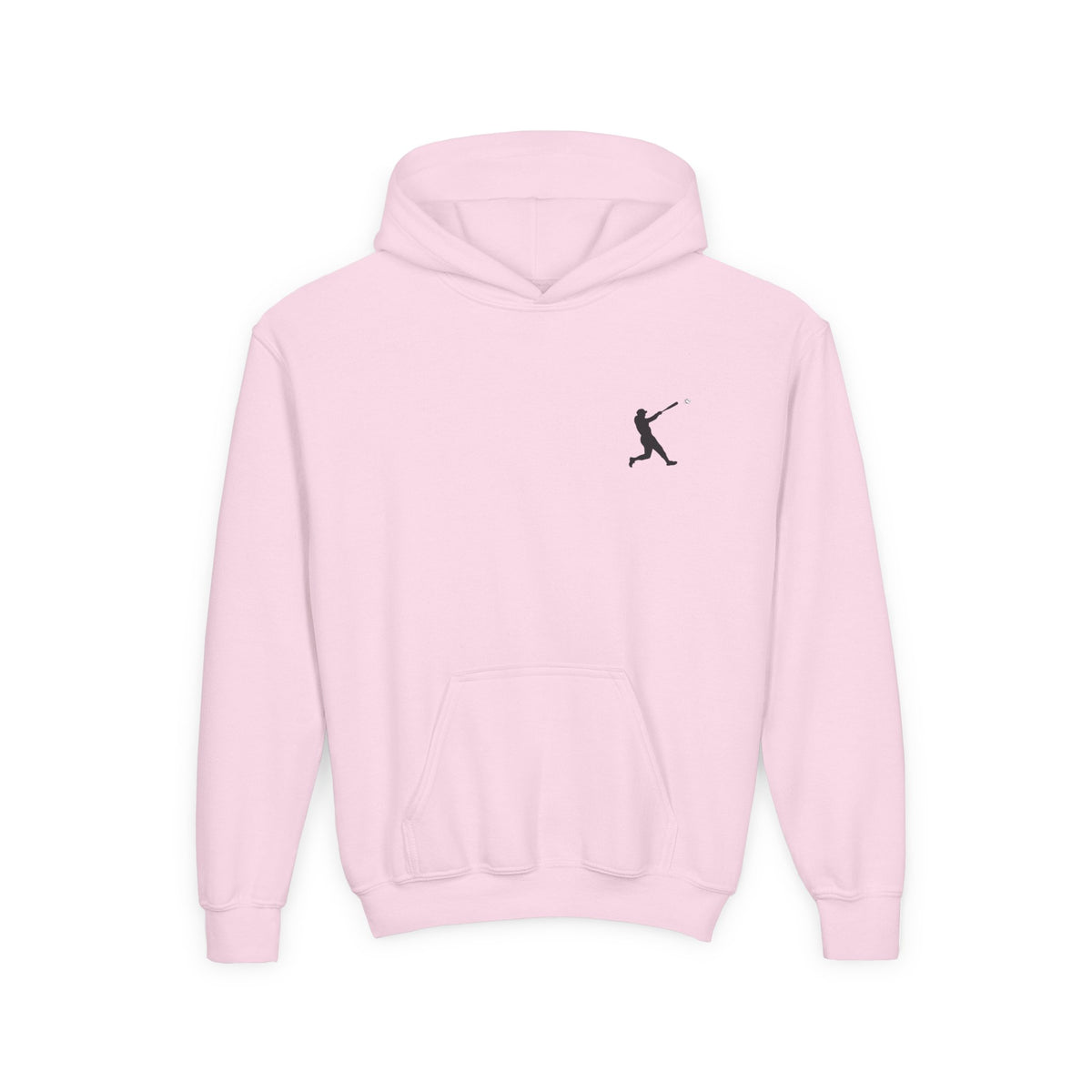 Kids youth baseball silhouette hoodie featuring a baseball player design, pullover style, made by Printify.
