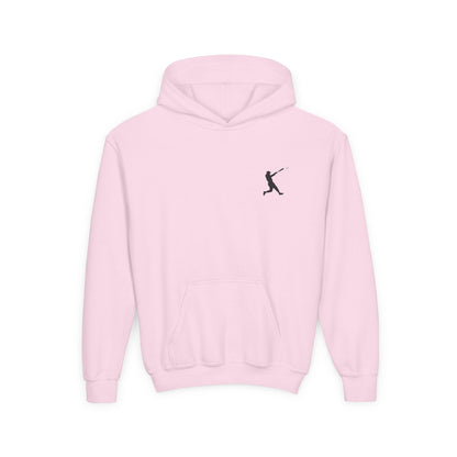 Kids youth baseball silhouette hoodie featuring a baseball player design, pullover style, made by Printify.