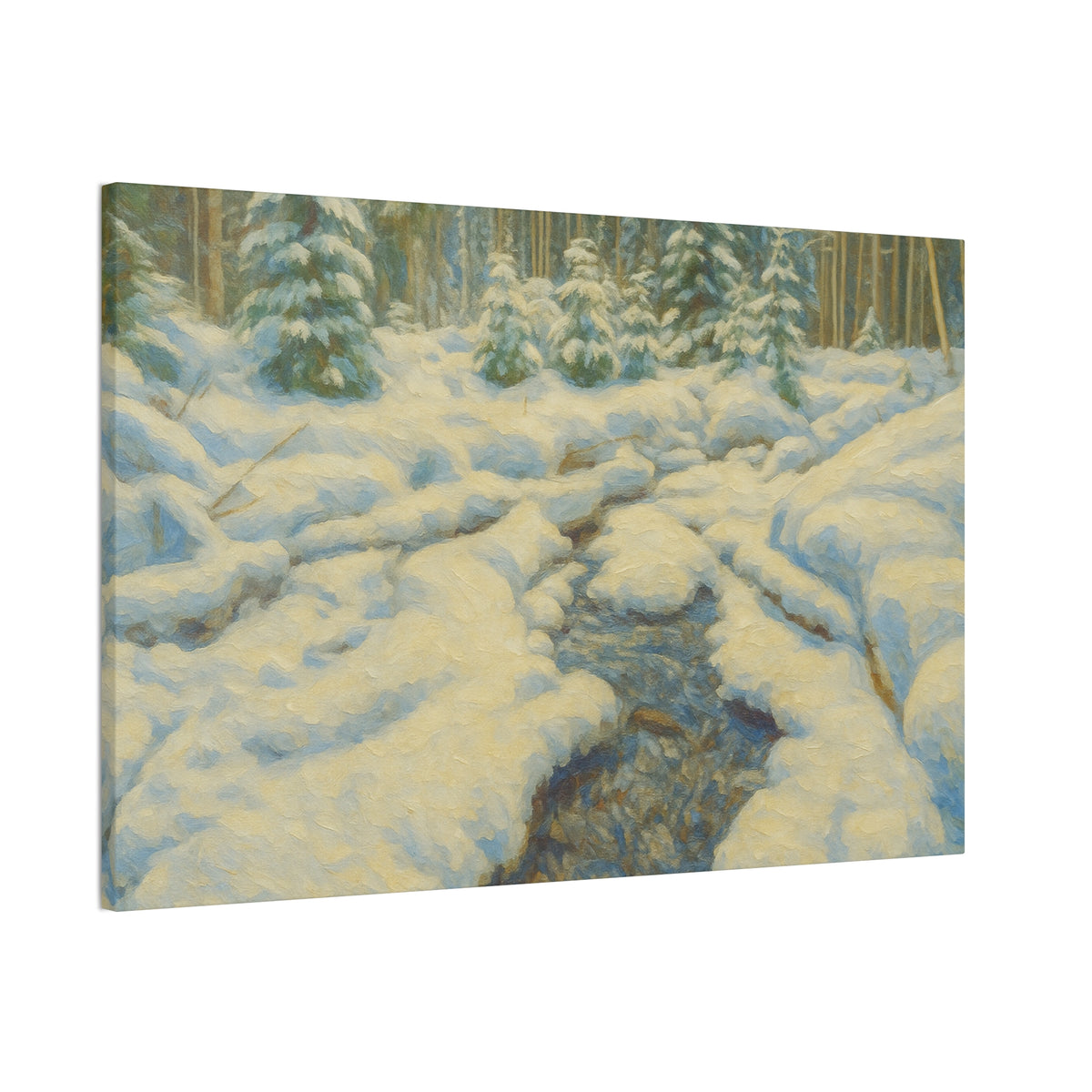 Snowy forest stream winter landscape canvas wall art by Printify, featuring a serene snowy forest scene on stretched canvas.