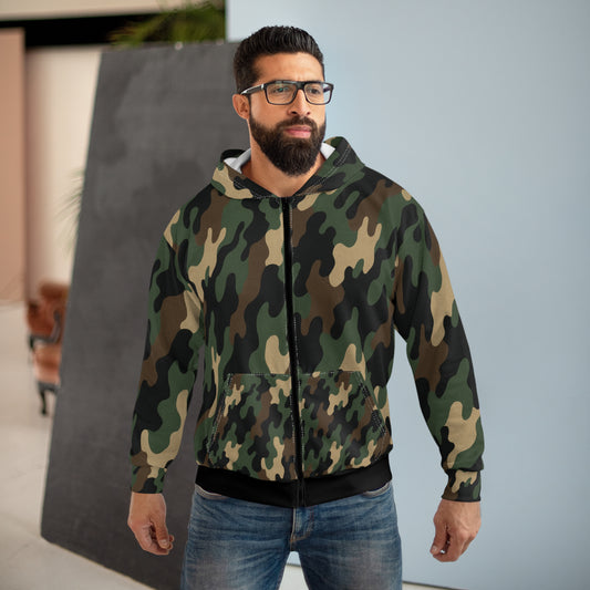 Military green camo zip hoodie with all-over print, men's and women's hoodie jacket by Printify, featuring a camouflage pattern and hood