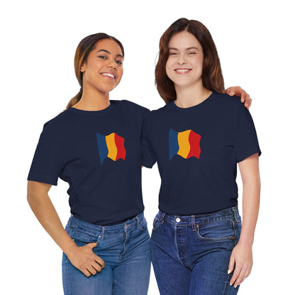 Romania flag T-shirt by Printify featuring a minimal waving tricolor design on a casual cotton tee.
