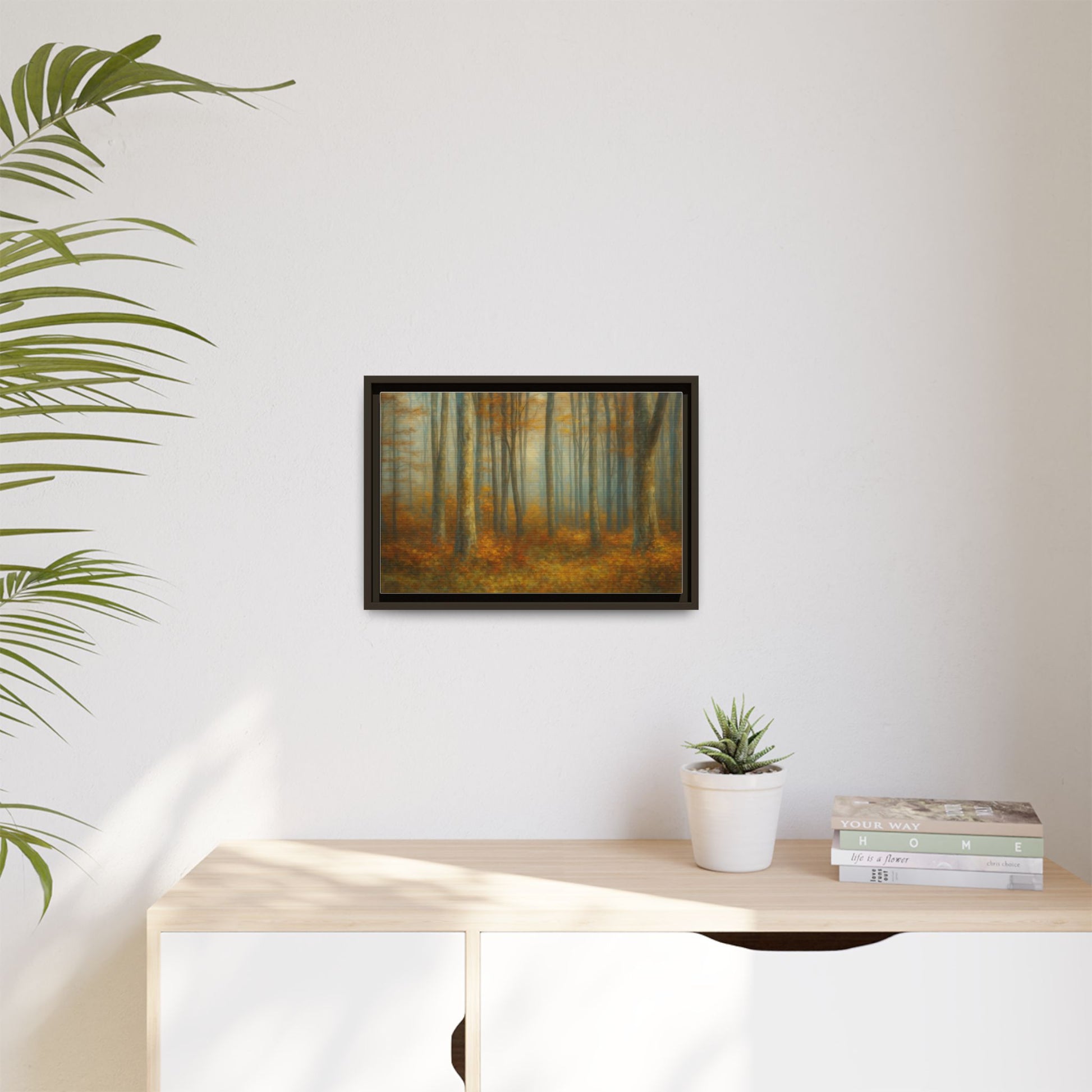 Framed autumn forest canvas print featuring misty woodland scene, wall art by Printify, suitable for home or office decor.