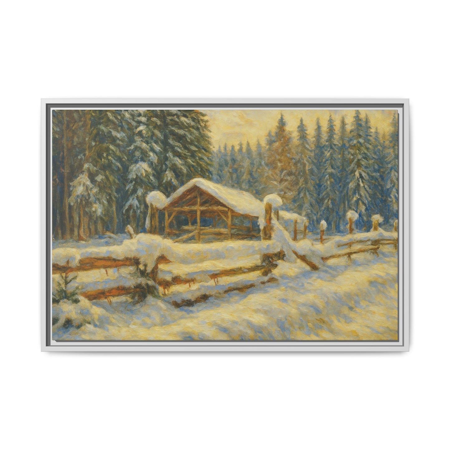 Snowy cabin winter landscape canvas wall art by Printify, featuring a matte framed scenic painting of a snowy mountain cabin.