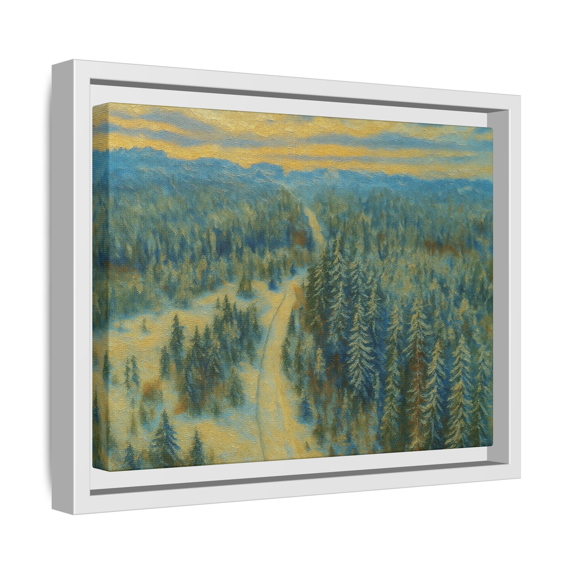 Framed matte canvas print of a serene winter forest landscape by Printify, showcasing a peaceful snowy woodland scene.