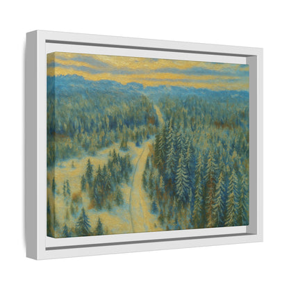 Framed matte canvas print of a serene winter forest landscape by Printify, showcasing a peaceful snowy woodland scene.