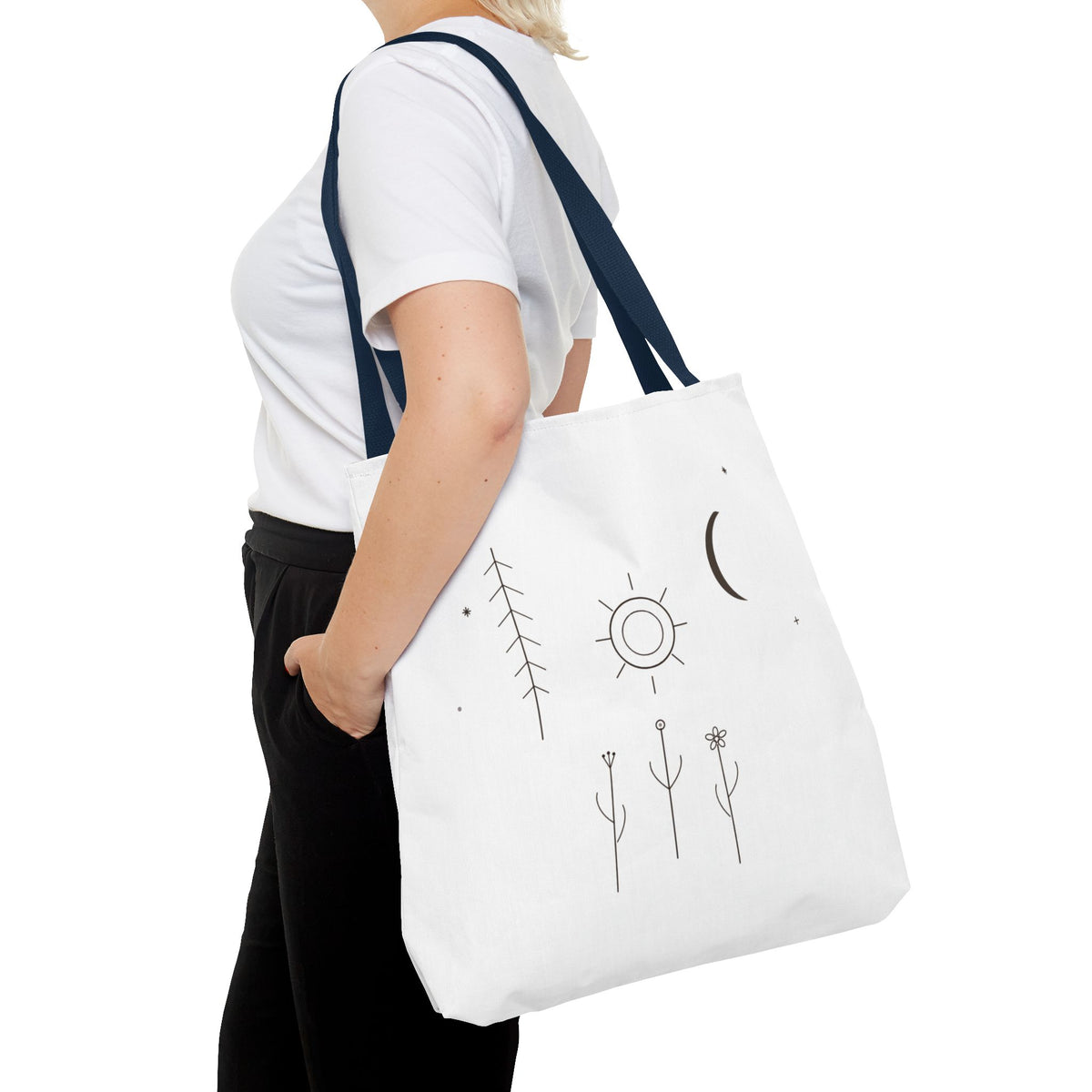 Minimal Moon and Sun botanical tote bag with celestial line art design, featuring eco-friendly fabric and sturdy handles.