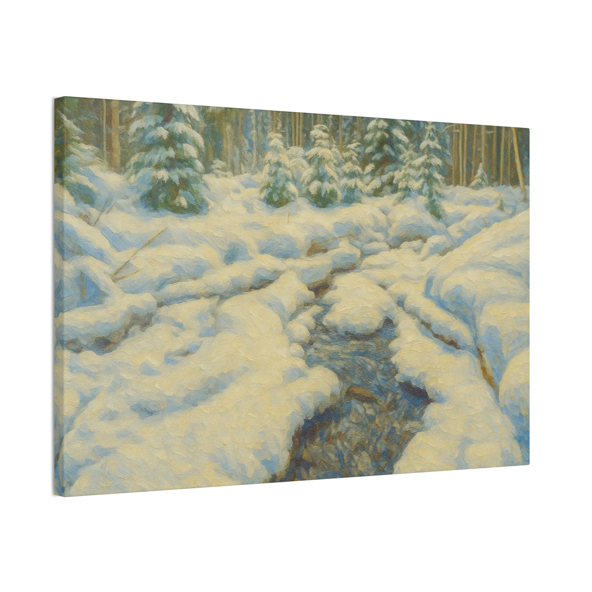 Winter landscape canvas wall art featuring a snowy forest and stream, printed by Printify, showcasing a serene winter scene.