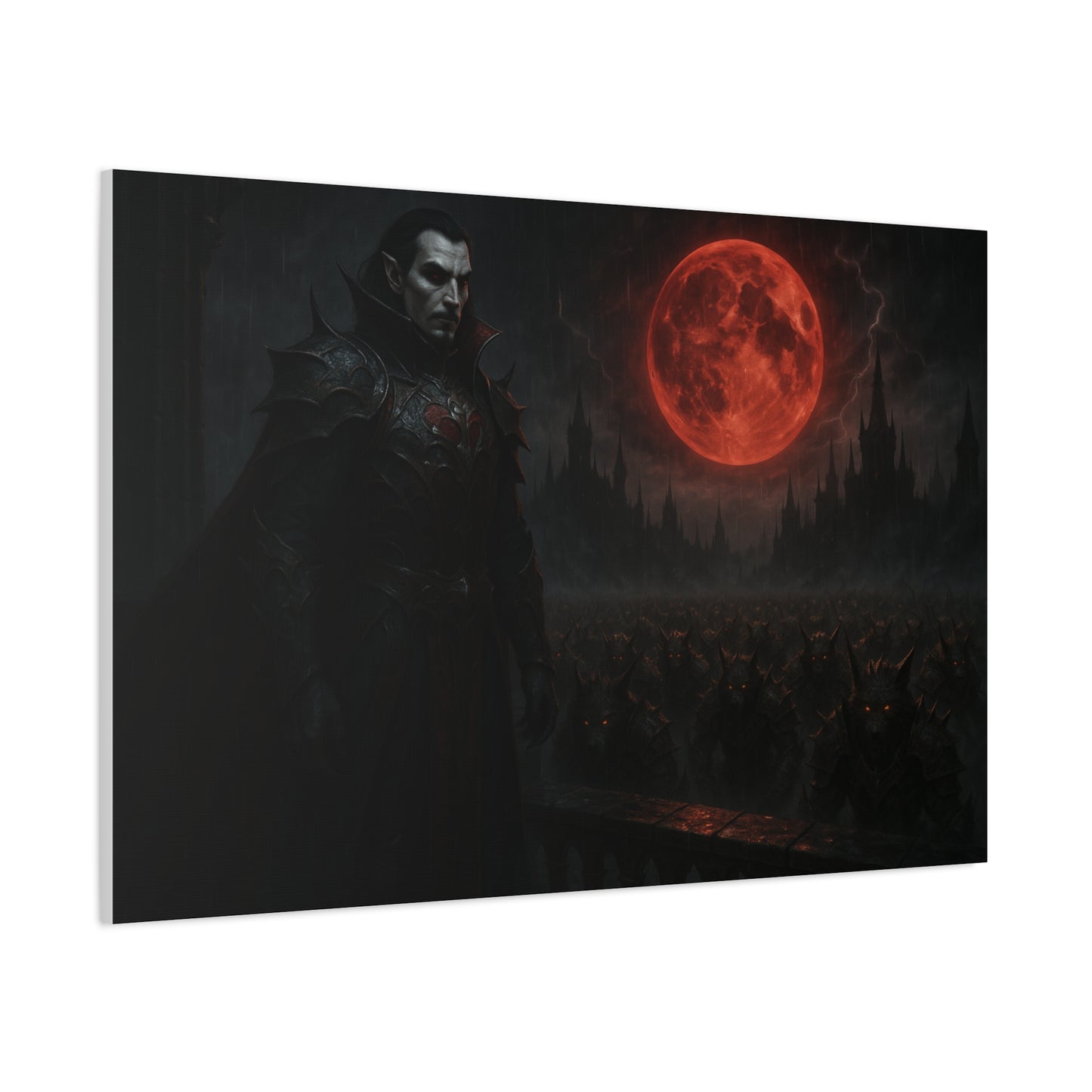 Red moon vampire lord matte canvas print showcasing a dark, mystical vampire figure against a red moon background.