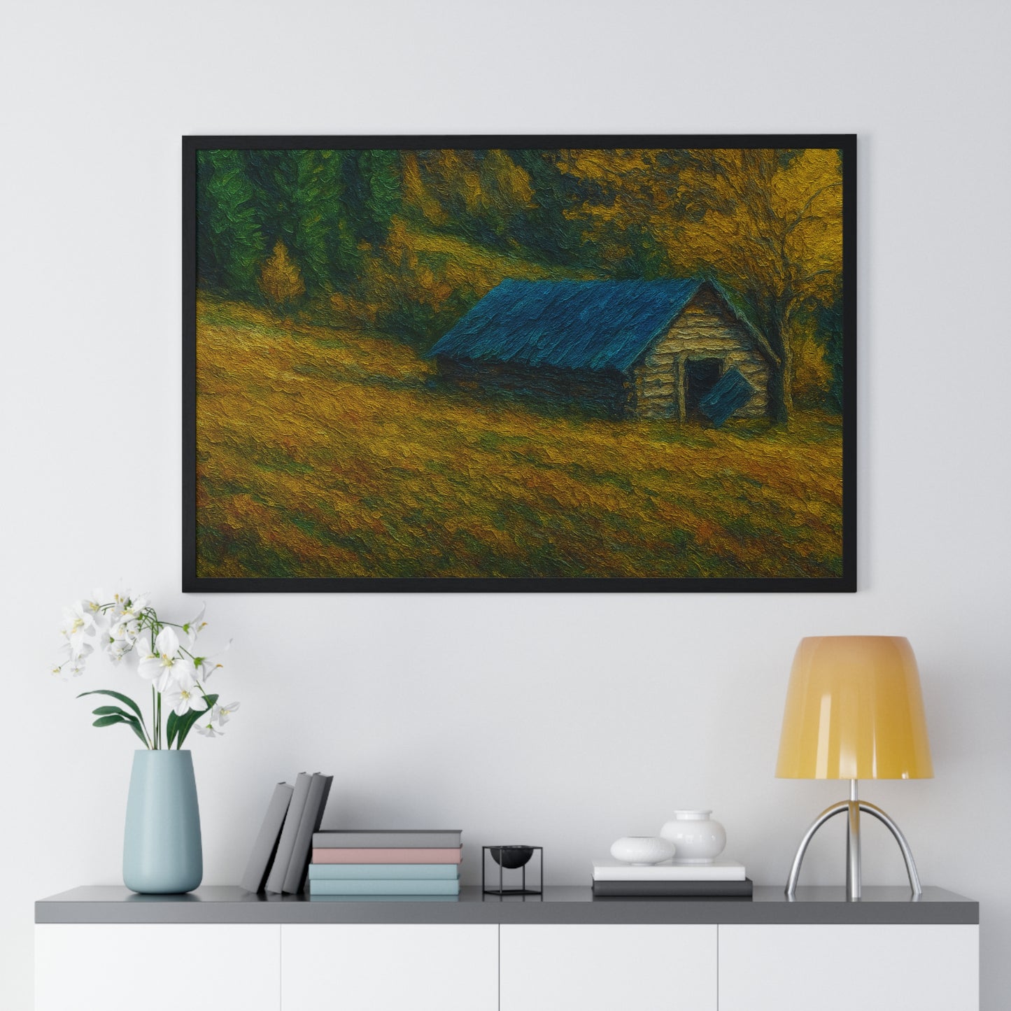 Rustic Cabin Framed Poster, Nature Wall Art, Cozy Home Decor, Gift for Farmhouse Lovers, Autumn Landscape Print - TRV