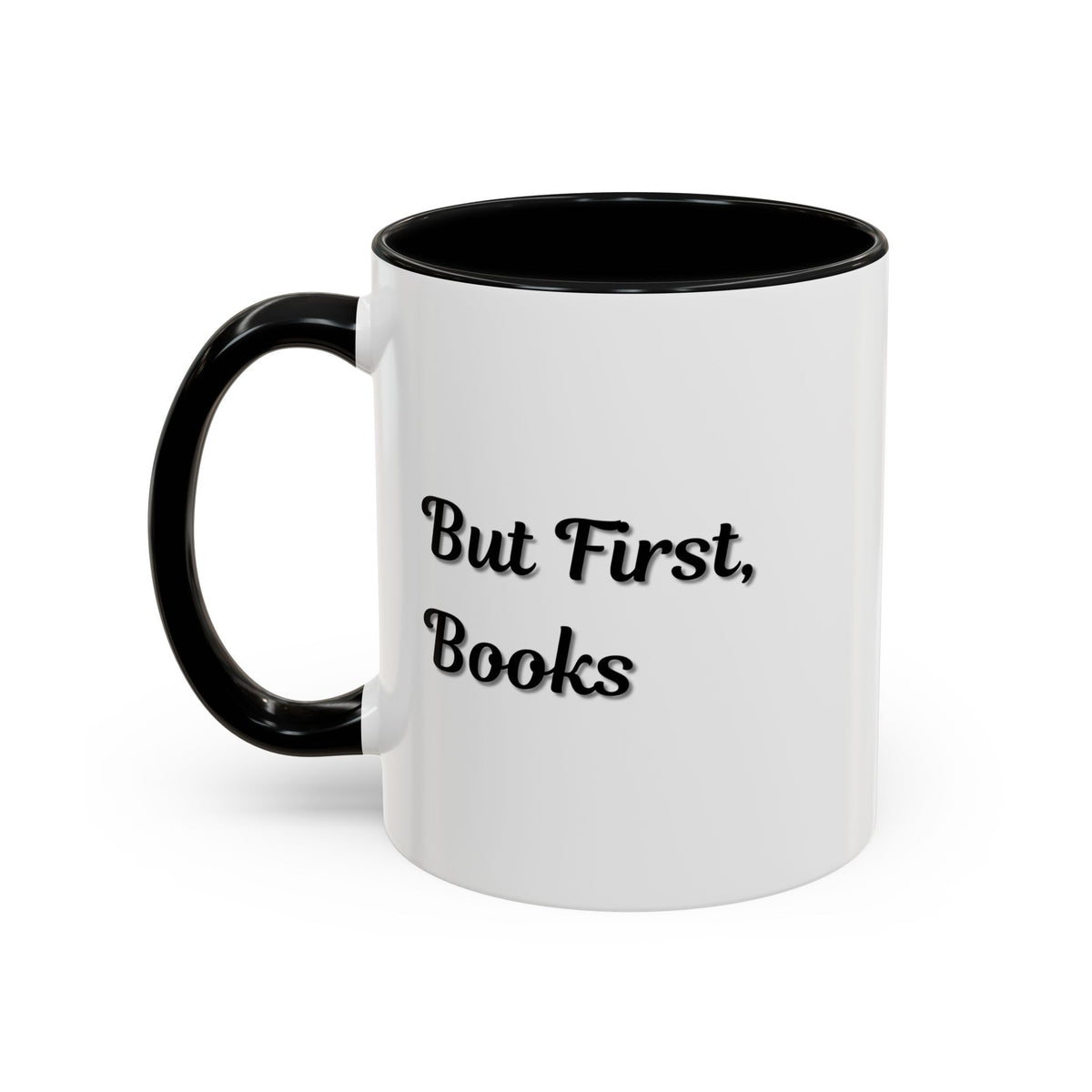 White ceramic "But First, Books" coffee mug with book lover quote, 11oz size, by Printify, shown with a cozy background.