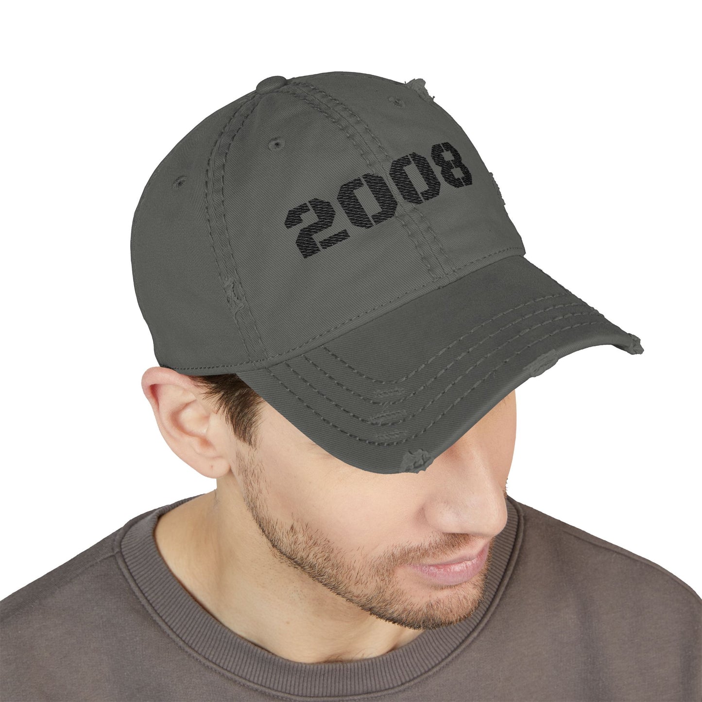 Vintage 2008 distressed dad hat with embroidered design, classic baseball cap style from Printify.