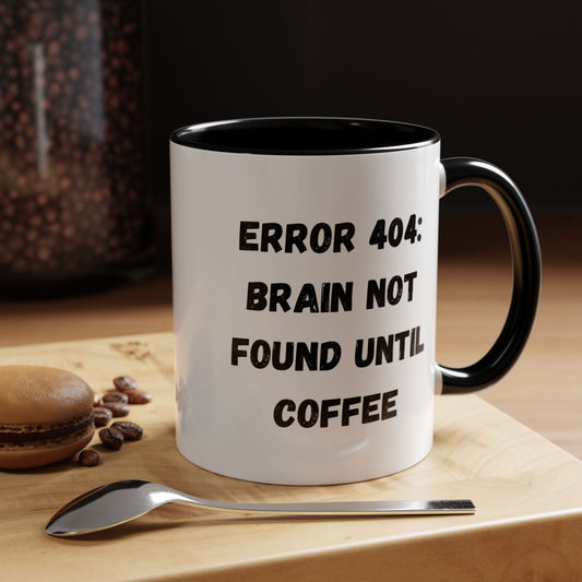 White ceramic "Error 404" coffee mug with black text, perfect for programmers and tech enthusiasts.
