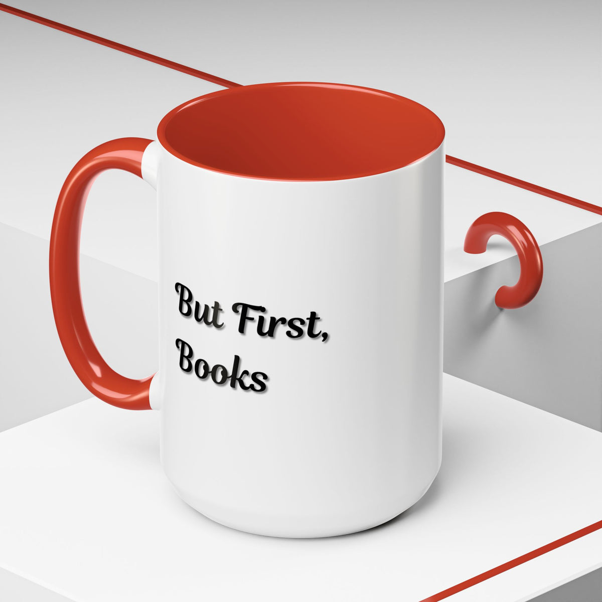 Printify "But First, Books" coffee mug featuring book lover design in 11oz or 15oz size, ceramic mug for book enthusiasts.