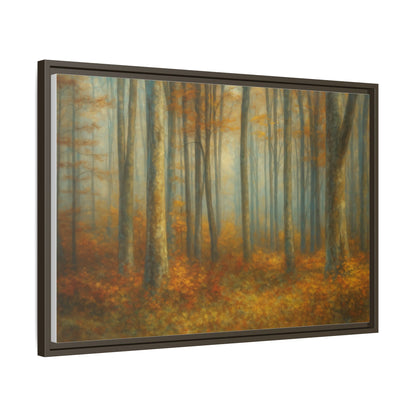 Framed autumn forest canvas print featuring misty woodland scene, wall art by Printify with vibrant fall colors and detailed landscape.