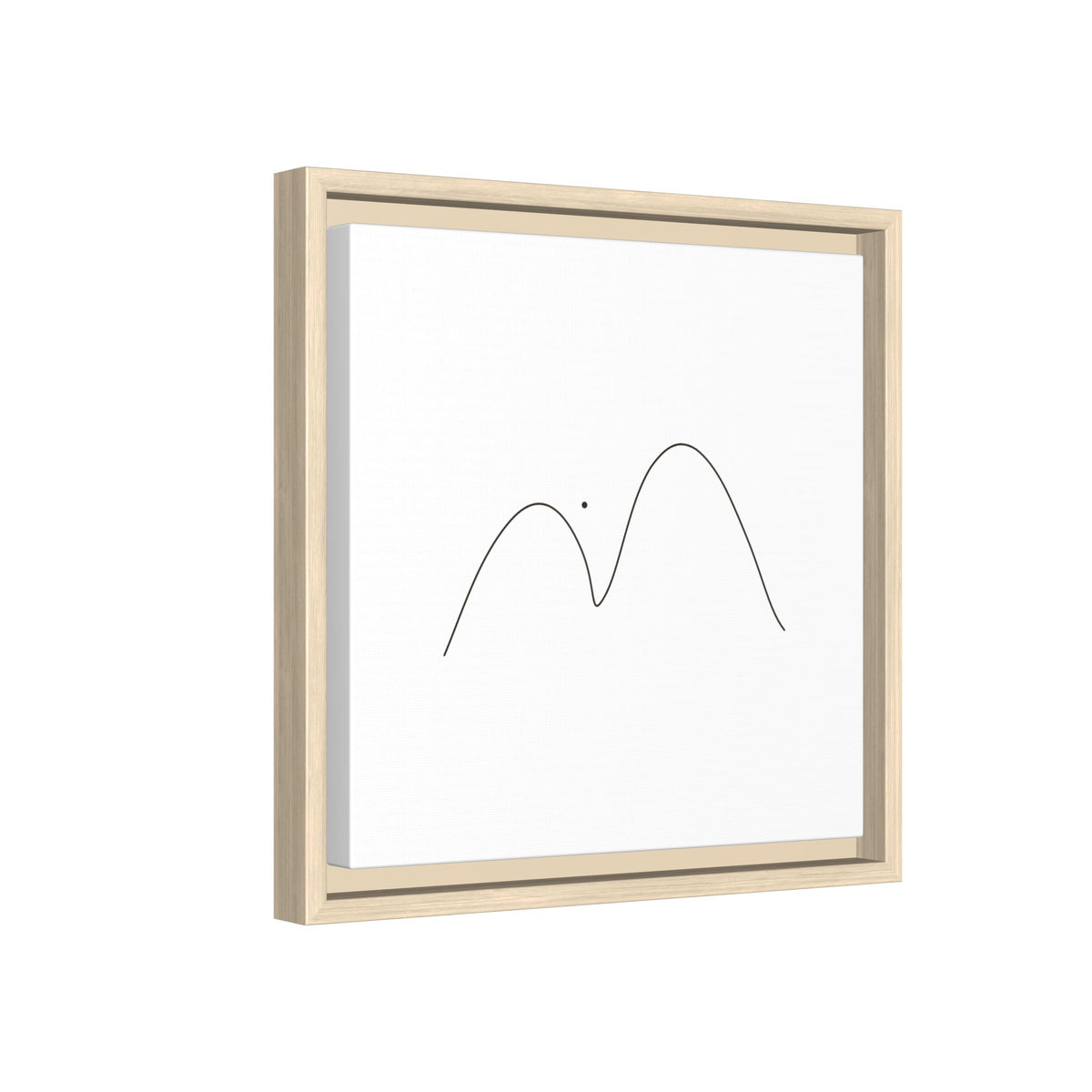 Framed minimalist mountain line art on matte canvas, modern wall decor by Printify, featuring simple black mountain outlines on white background.