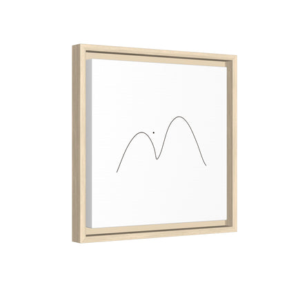 Framed minimalist mountain line art on matte canvas, modern wall decor by Printify, featuring simple black mountain outlines on white background.