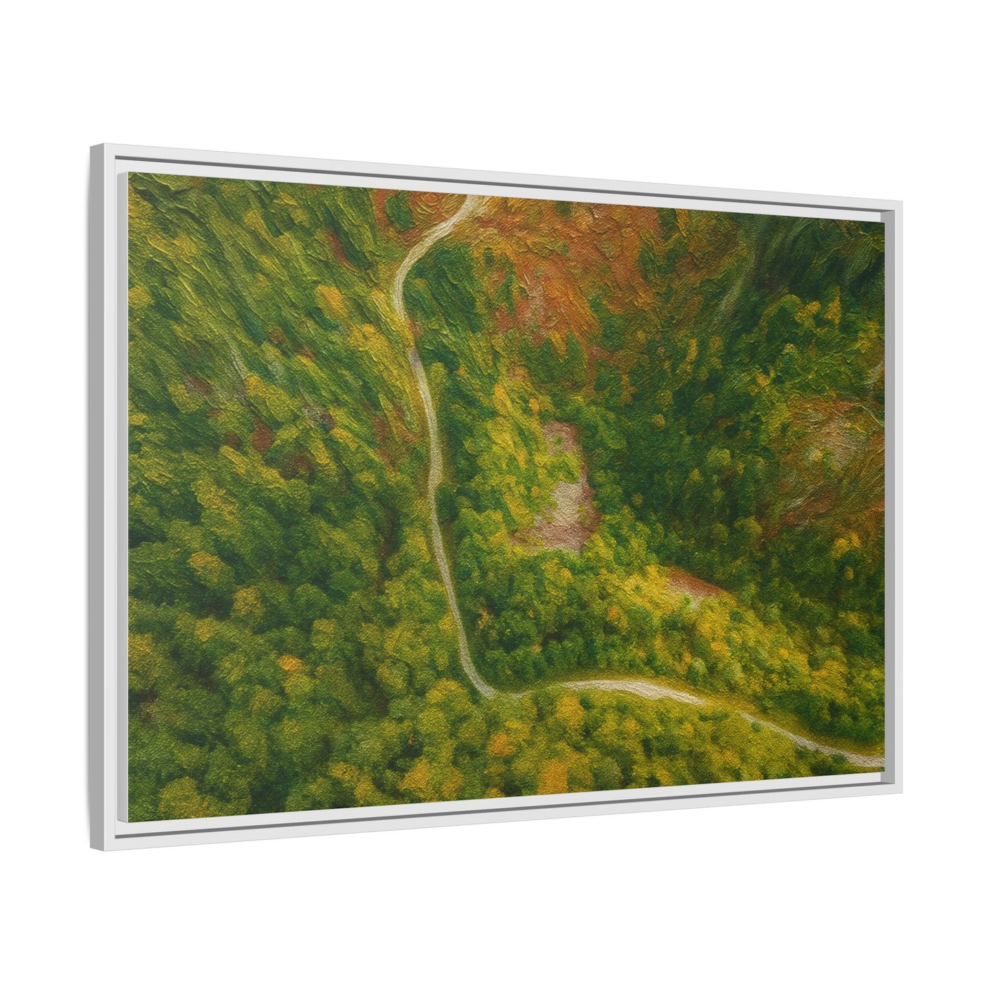 Colorful framed matte canvas wall art featuring an aerial view of a forest path landscape by Printify.