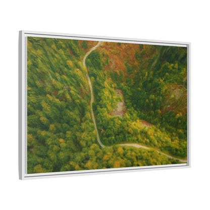 Colorful framed matte canvas wall art featuring an aerial view of a forest path landscape by Printify.