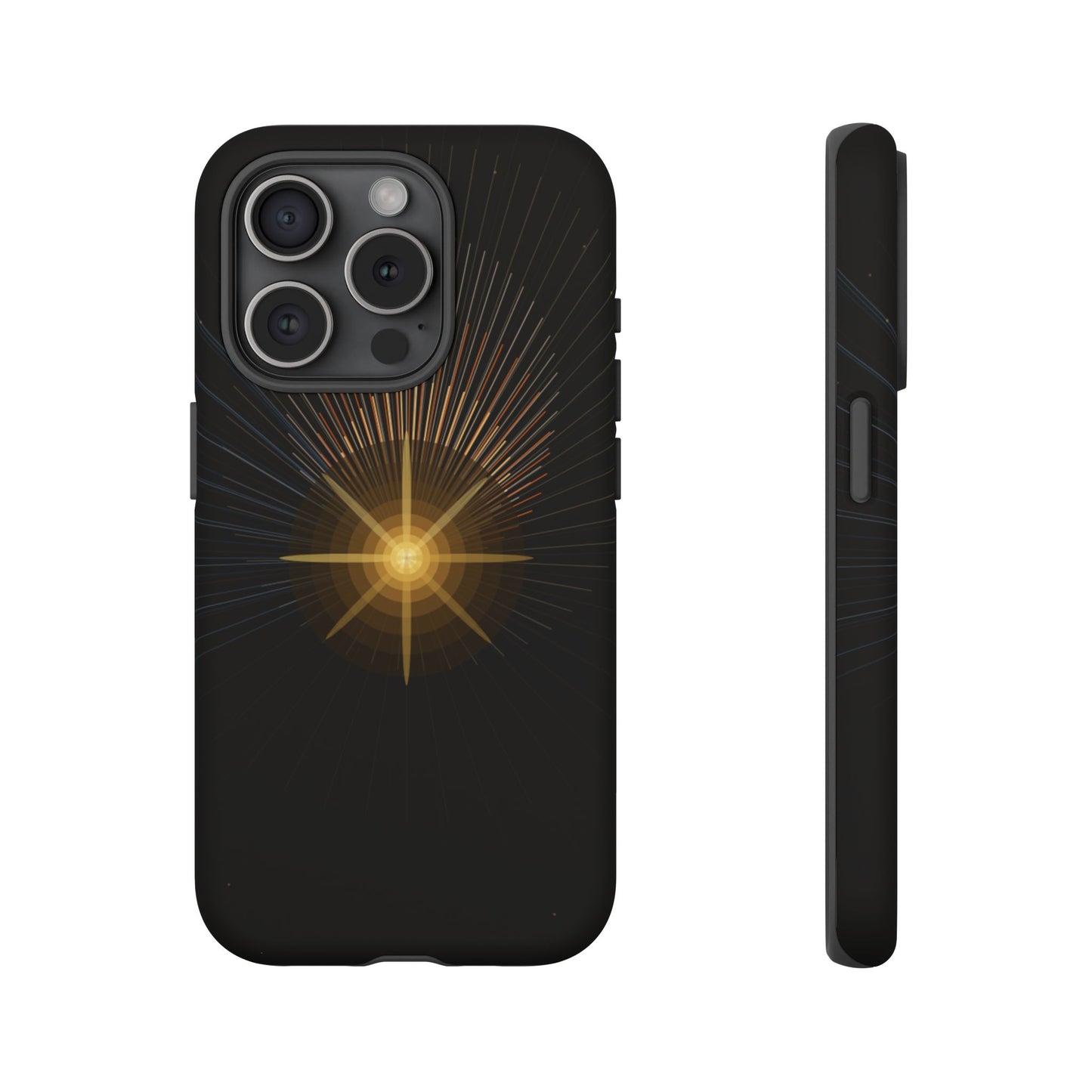 Tough Cases - Radiant Star Phone Case, Protective Black Shockproof Cover with Golden Light Design