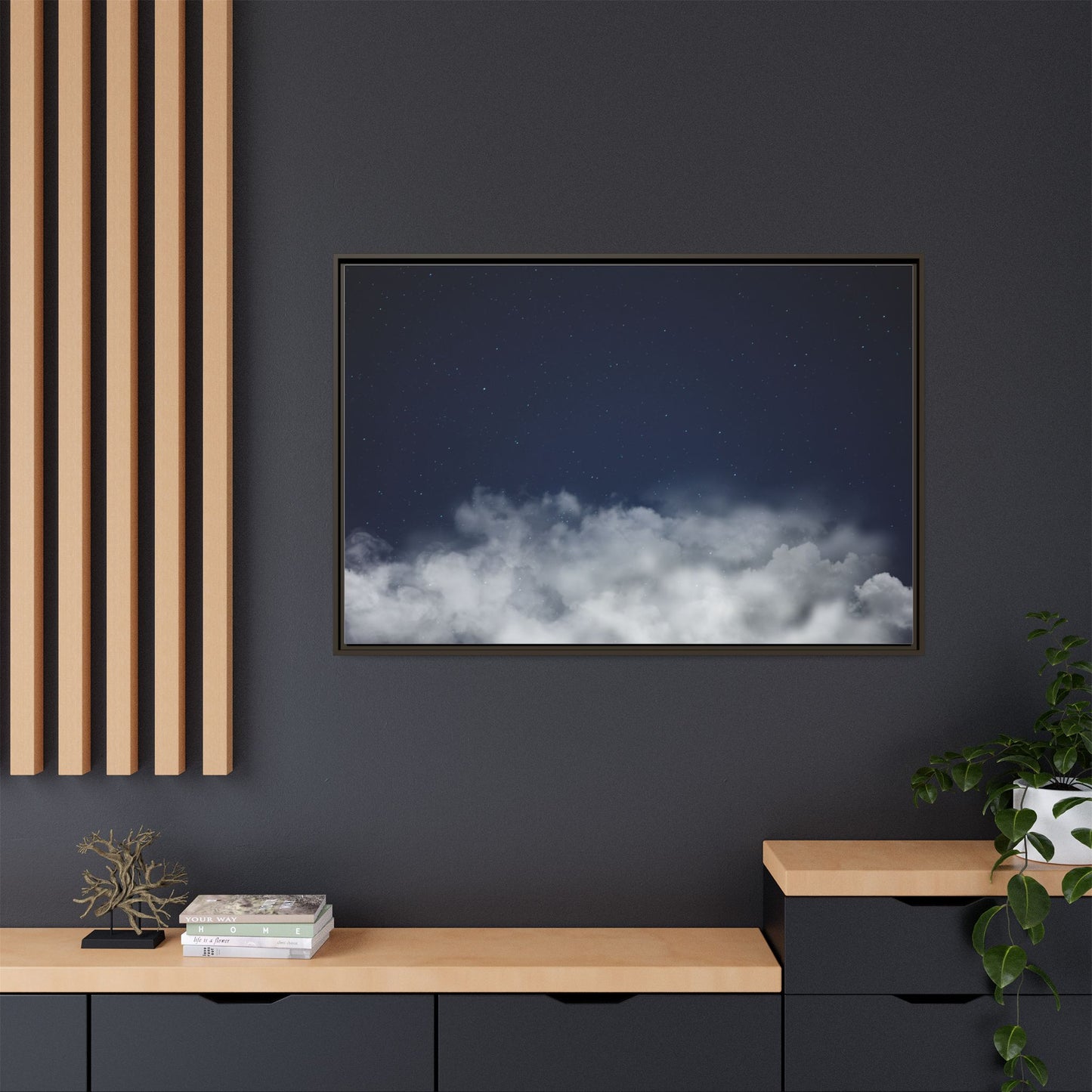 Framed night sky clouds canvas wall art by Printify featuring a starry sky with soft cloud patterns in a matte finish.