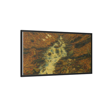 Framed matte canvas print of autumn stream landscape artwork by Printify, showcasing vibrant fall colors and serene nature scene.