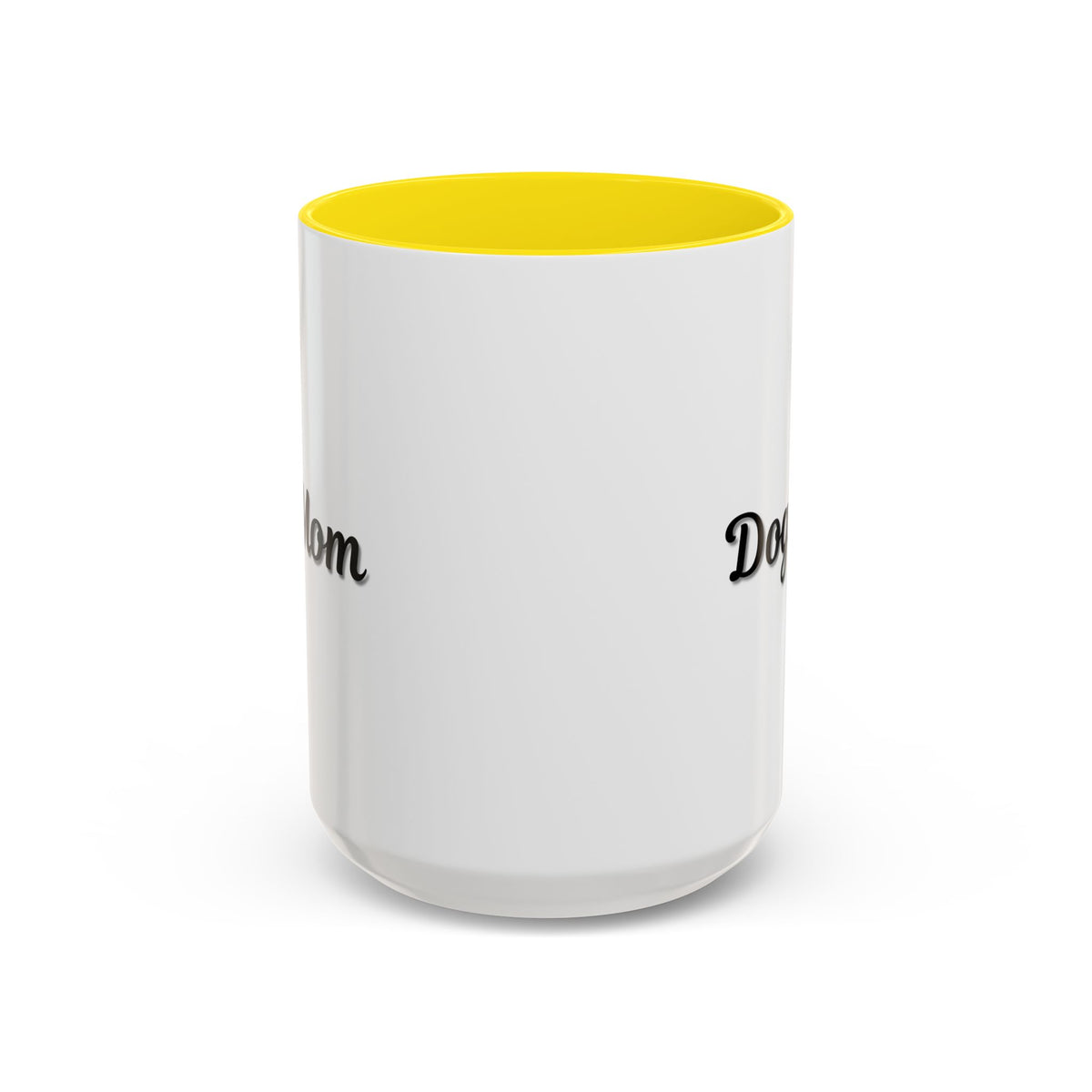 Dog Mom Accent Coffee Mug — white ceramic coffee mug with retro script "Dog Mom" print, colored interior and C-handle, 11oz/15oz, additional angle