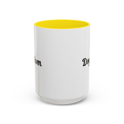 Dog Mom Accent Coffee Mug — white ceramic coffee mug with retro script "Dog Mom" print, colored interior and C-handle, 11oz/15oz, additional angle