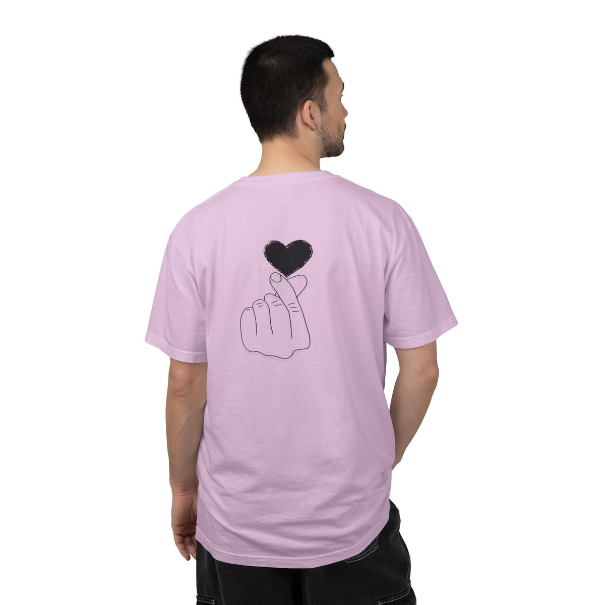 Black T-shirt with a minimal heart graphic design, featuring a finger heart symbol, by Printify.