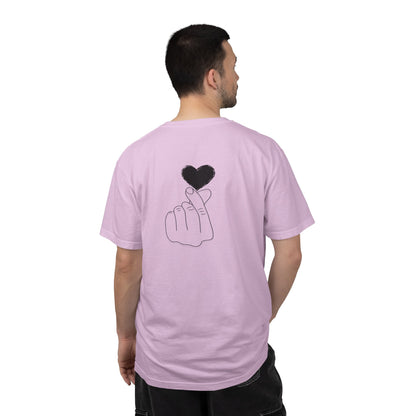 Black T-shirt with a minimal heart graphic design, featuring a finger heart symbol, by Printify.