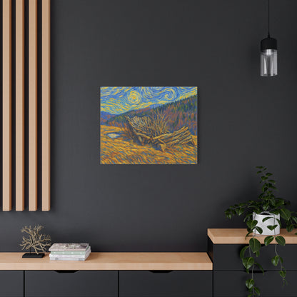 Impressionist Starry Landscape canvas print by Printify featuring a vibrant night sky with stars and a scenic landscape.