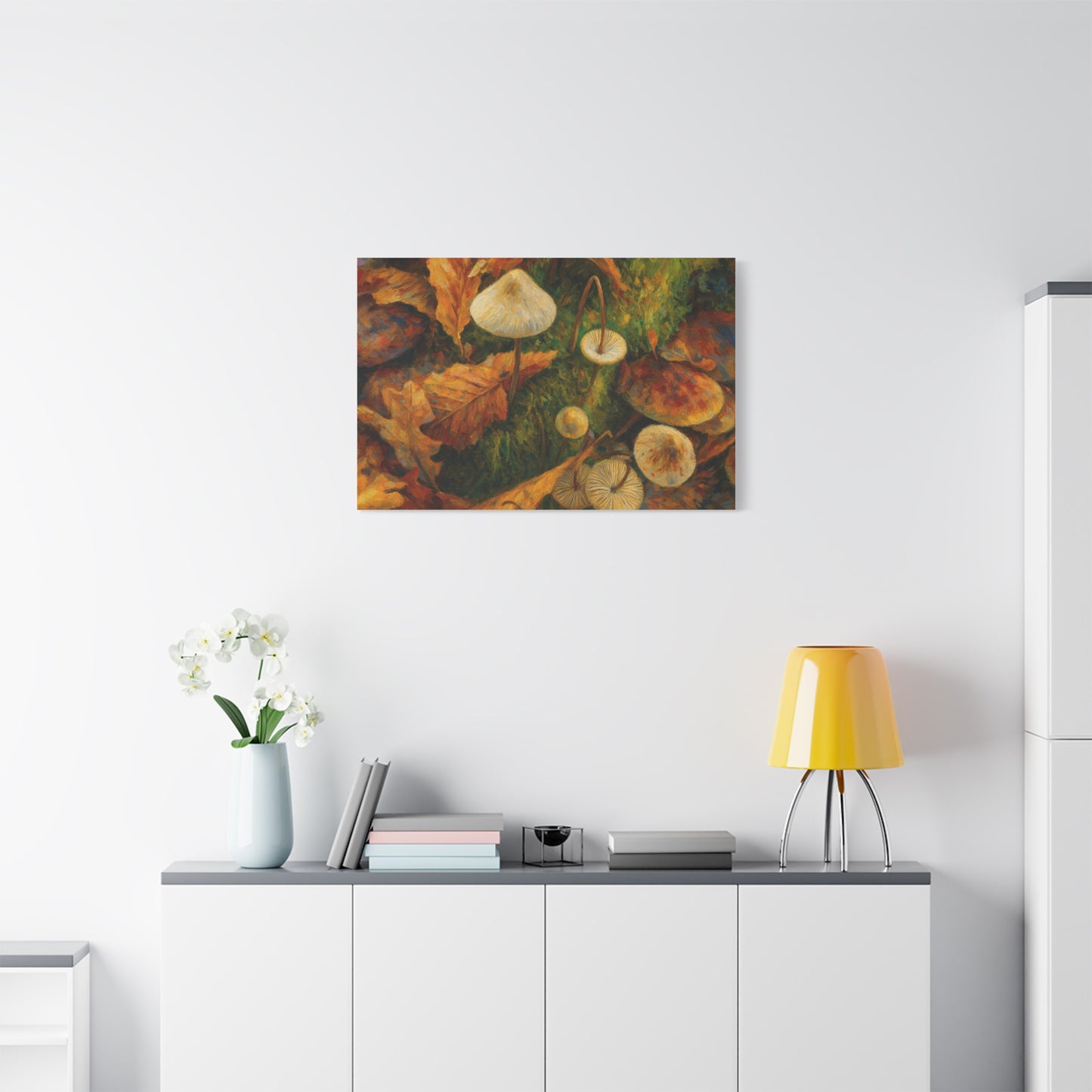 Canvas print of autumn mushrooms featuring vibrant fall colors, created by Printify, showcasing detailed mushroom illustrations.