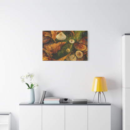 Canvas print of autumn mushrooms featuring vibrant fall colors, created by Printify, showcasing detailed mushroom illustrations.