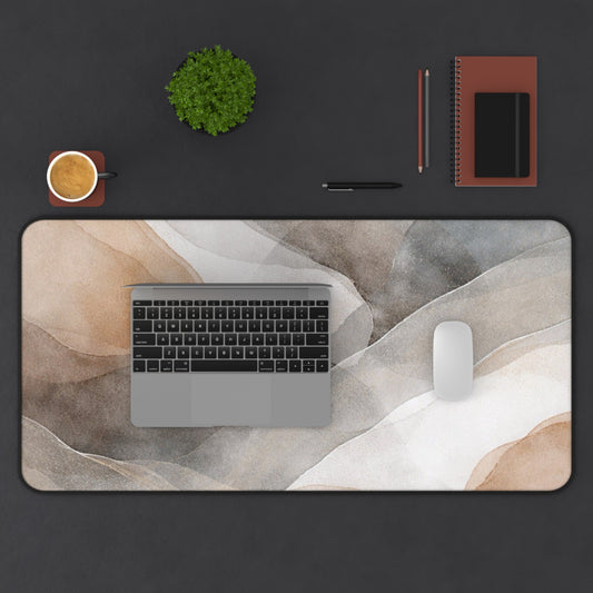 Neutral watercolor waves desk mat by Printify featuring abstract beige and gray design, ideal as a mouse pad or desk accessory.