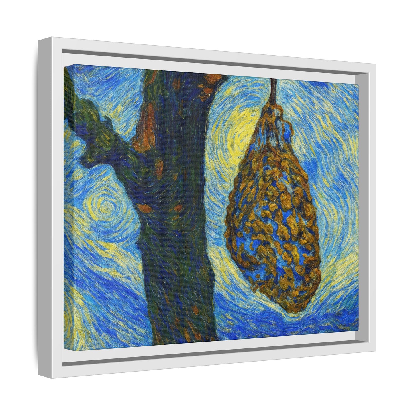 Framed matte canvas art of a starry nut cluster with dried plum hues, printed by Printify, displayed on a wall.