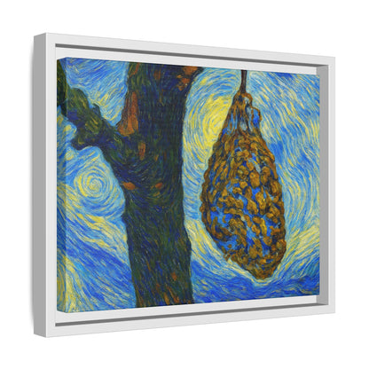 Framed matte canvas art of a starry nut cluster with dried plum hues, printed by Printify, displayed on a wall.