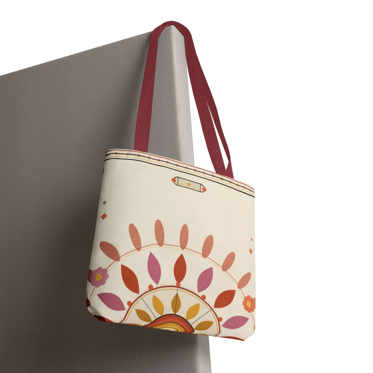 Boho floral mandala tote bag by Printify with pastel sunburst pattern, featuring a spacious design and vibrant bohemian floral artwork.