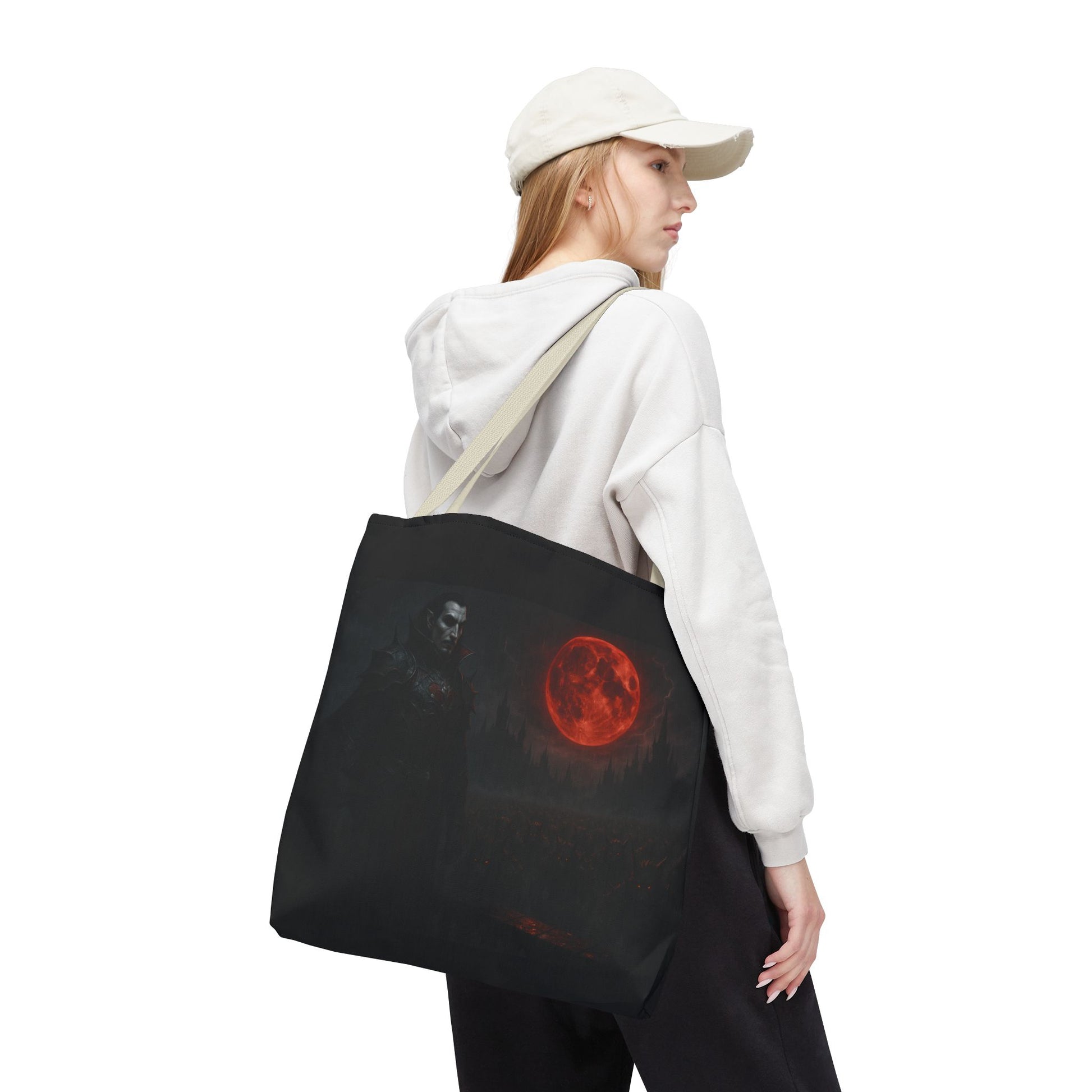 Gothic Dracula tote bag with moonlit vampire art, black fabric, large capacity, perfect for Halloween or gothic fashion accessories.