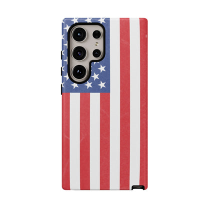 American flag tough phone case for iPhone and Samsung, patriotic protective cover with bold flag design from Printify.