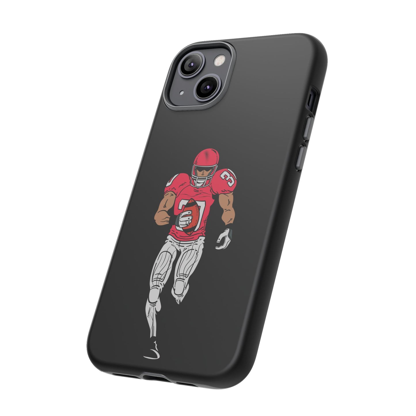 Black protective football player sports phone case for iPhone, featuring a bold athletic design from Printify.