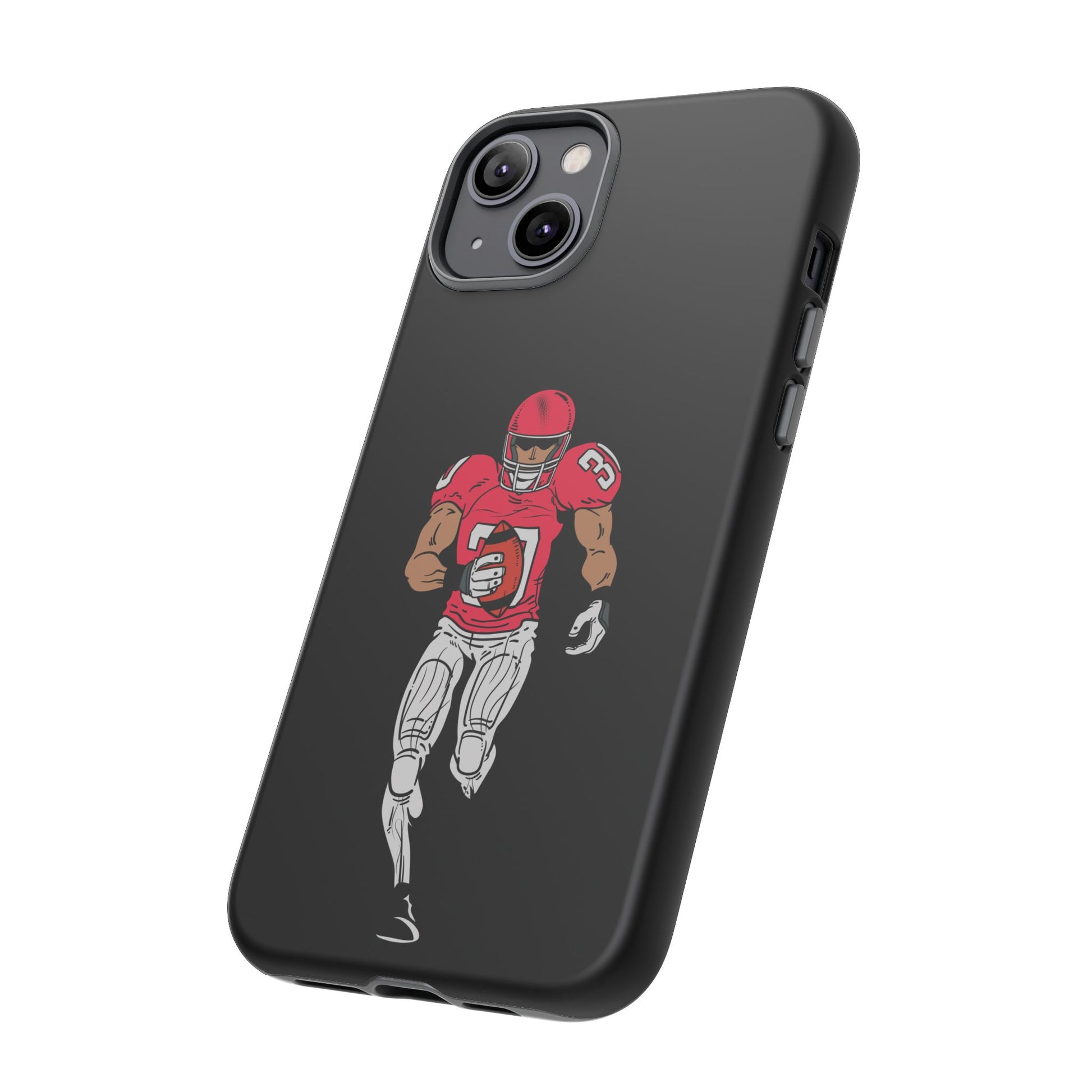 Black protective football player sports phone case for iPhone, featuring a bold athletic design from Printify.