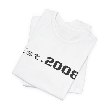 Black graphic T-shirt from Printify featuring "Established 2008" text in a minimal design, casual style, and comfortable fit.