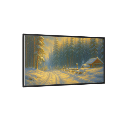 Framed winter cabin canvas print featuring a snowy forest sunset, wall art by Printify showcasing cozy winter scenery.