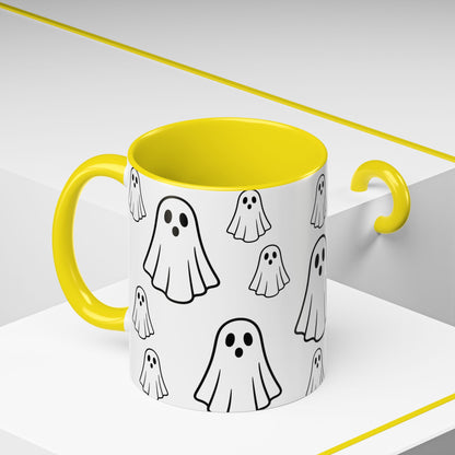 Printify ghost pattern accent coffee mug featuring a cute Halloween ceramic design, 11oz or 15oz size, perfect for seasonal decor.