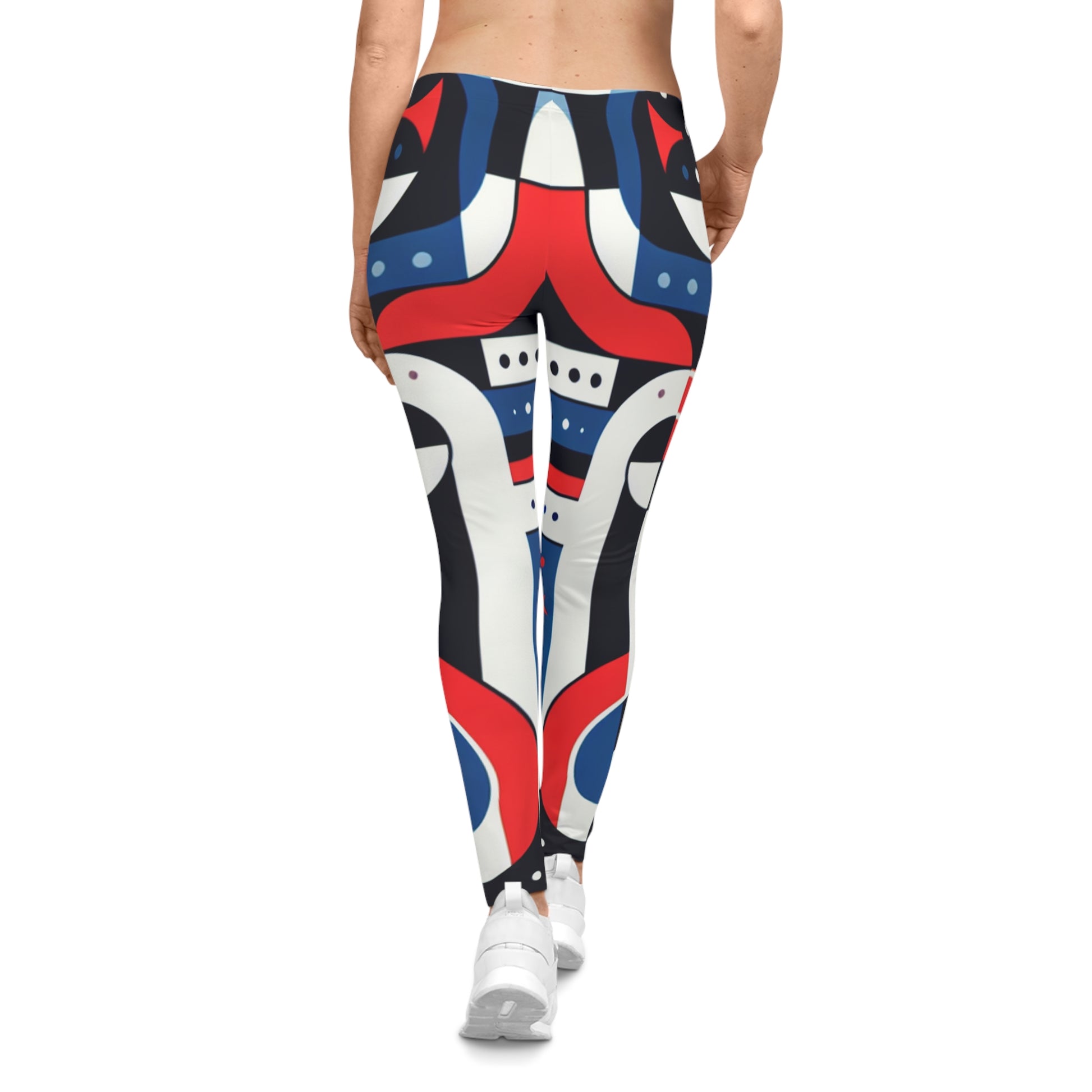 Red, white, and blue geometric tribal print leggings with all-over pattern, activewear by Printify featuring bold, stylish design.